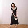 Black French Lotus Leaf Collar Floral Tea Dress - 2024 Summer Luxury Mid-Length Short Sleeve