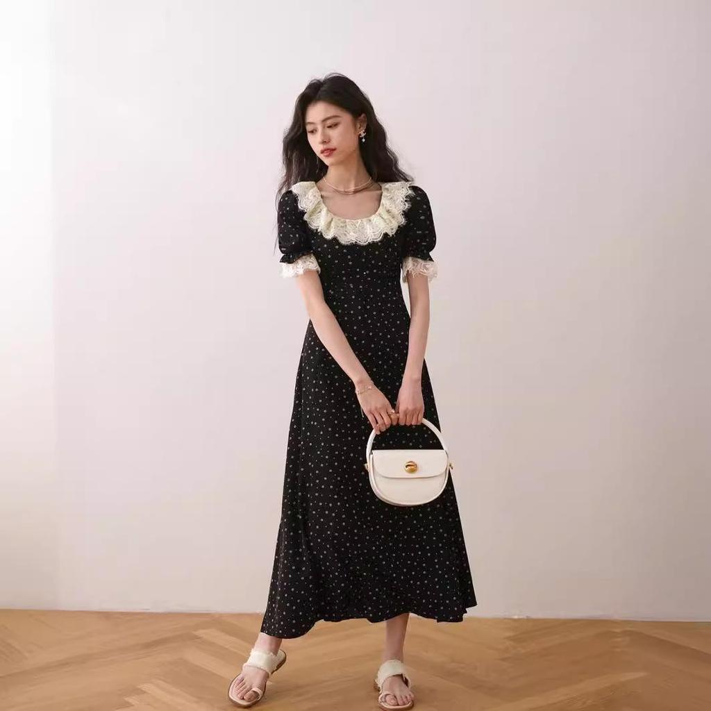 Black French Lotus Leaf Collar Floral Tea Dress - 2024 Summer Luxury Mid-Length Short Sleeve
