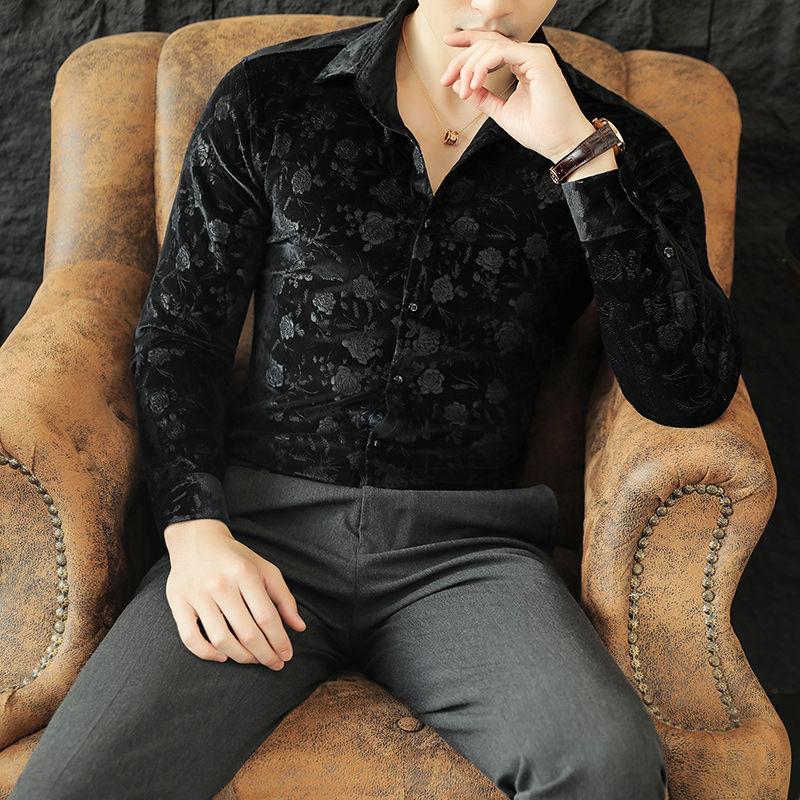 

Стрейч Вельвет Рубашка с Длинным Рукавом Приталенная Заостренный Воротник Однотонная Жаккардовая Универсальная Трендовая 4XL чёрный