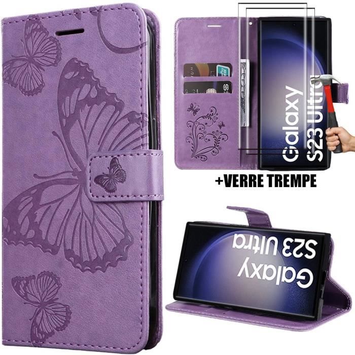 Coque + Verres Trempés - BOOLING - pour Samsung Galaxy S23 Ultra - Cuir PU Violet - Motif Papillon - Fermeture Magnétique
