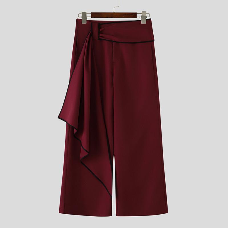 INCERUN Men High Waist Zip-up Asymmetrical Side Casual Avant-Garde Long Pants Trousers 2XL вино красного