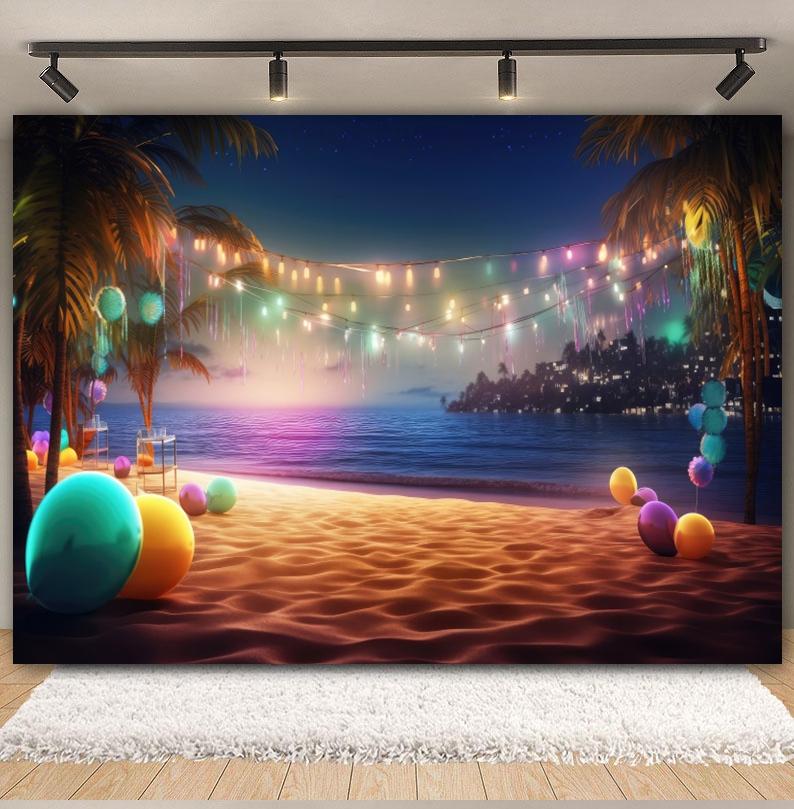 Summer Seaside Fruit Beach Palm Tree Theme Banner Background, Holiday Camping Party Decoration Photography Studio Backdrop Cloth