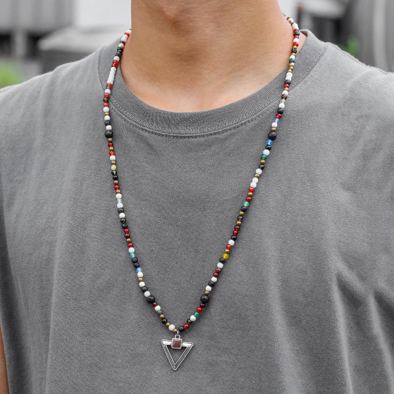 6mm Lava Stone Tiger-eye Colored Glass Beaded Necklace for Men and Women with Triangle Pendant
