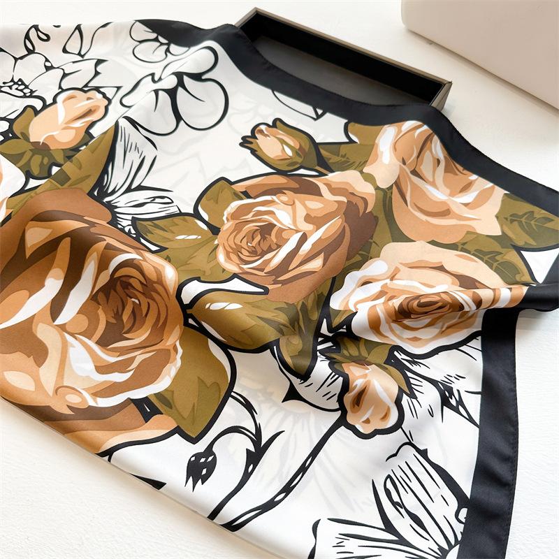 French Rose Printed Large Square Scarf Spring and Autumn Warm Flower Scarf Twill Silk Headscarf 91cm Temperament Versatile Shawl