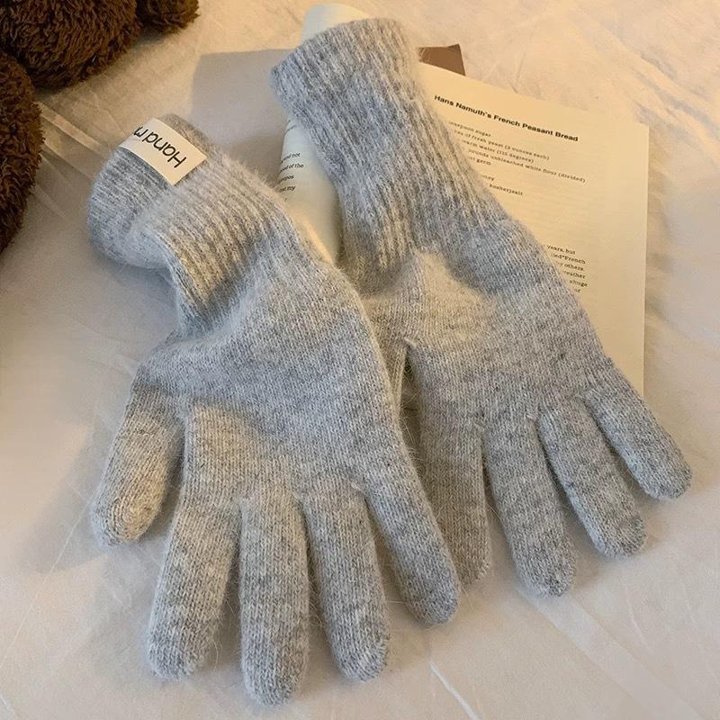 Extended rabbit fur blue knitted wool gloves for women's winter thickened warm riding