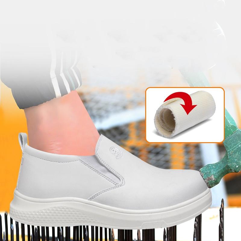 Men Casual Breathable Steel Toe Covers Work Safety Shoes Slip-on Soft Leather Security Shoe Black White Soft Leather Safe Boots