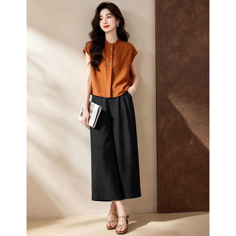 D.F.DEAR Women's Stand Collar Sleeveless Shirt & Wide-Leg Pants Set