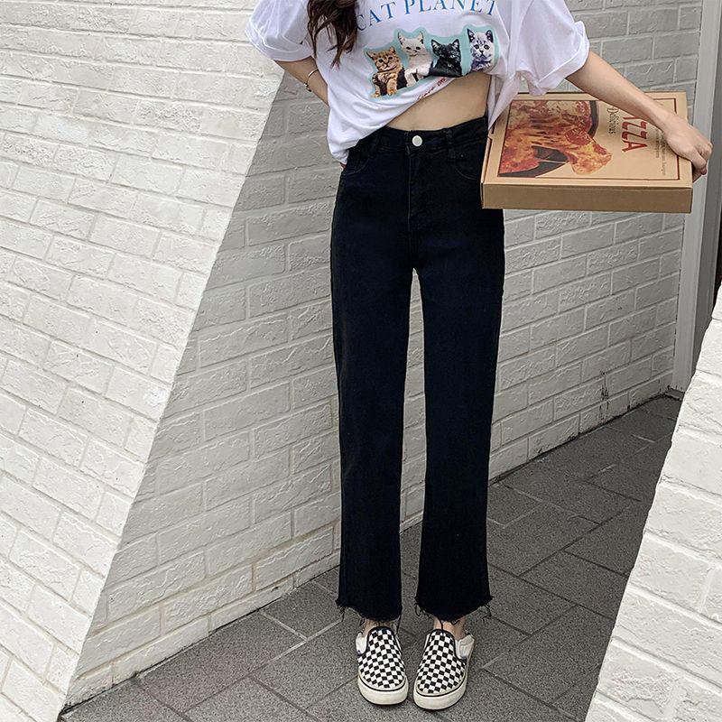 Blue-Gray High-Waist Slim Straight Jeans for Women - Autumn/Winter Elastic Raw Edge Cigarette Pants (Small Size)