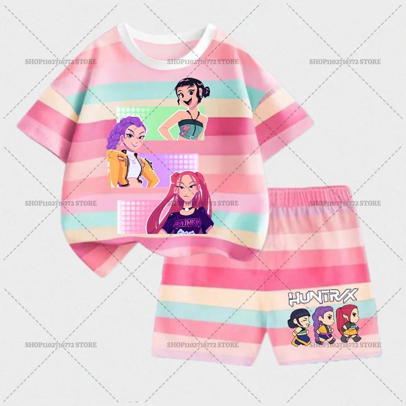 KPop Demon Hunters Children Short Sleeve Shorts Set Fashion Summer Kid Clothes Boy Baby Cotton Tee Pant Outfits Girl Tracksuits
