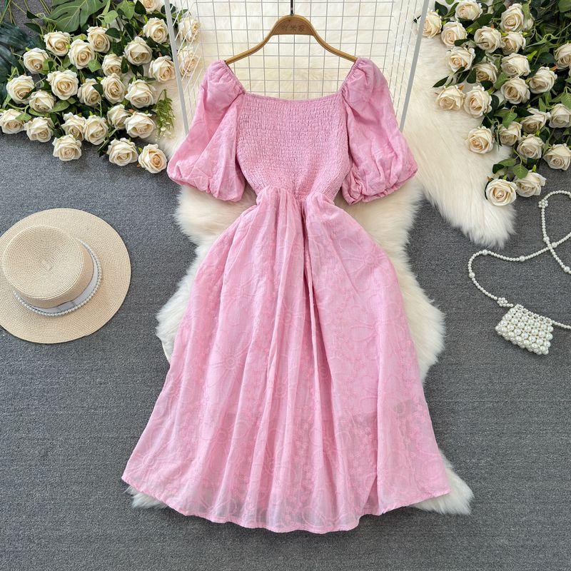 

Gentle Bubble Waist-Tight Embroidered Dress Short Sleeve Pink One size