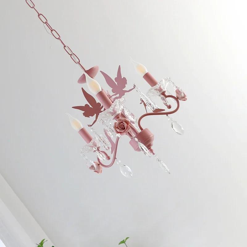 Pink Princess Crystal Chandeliers Princess Room Girl Bedroom Decor Lamp Warm Romantic Fairy Hanging Chandelier Children's Light