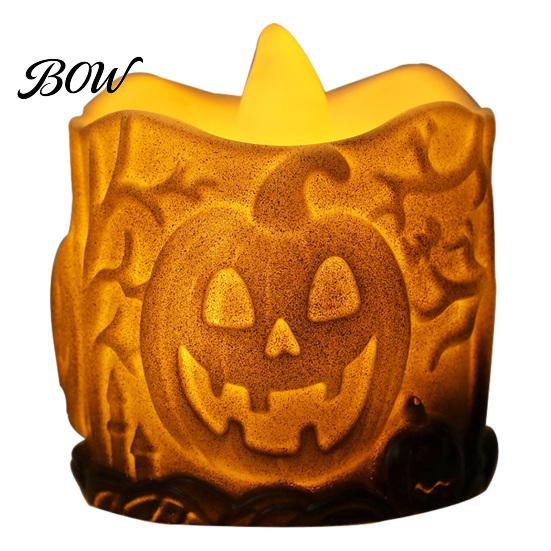 Hollow Relief Pumpkin Light Halloween LED Candle, Flameless Electronic Tealight, Embossed Resin Lantern, Portable Night Spooky Table Decor for Indoor