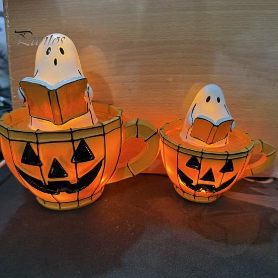 Halloween Bedside Light Ghost Reading Book Lamp, Stained Glass Style Night Light, Resin Spooky Pumpkin Mug Lamp for Bedroom, Living Room, Party,