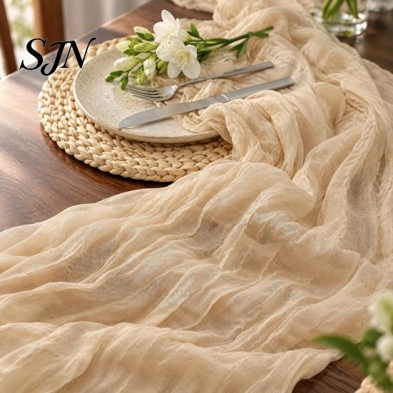 Rustic Wedding Table Decor Cheesecloth Runner, Boho 35 x 118 Inches Soft Gauze Runner for Parties Solid Color Wrinkled Party Bridal Shower Elegant