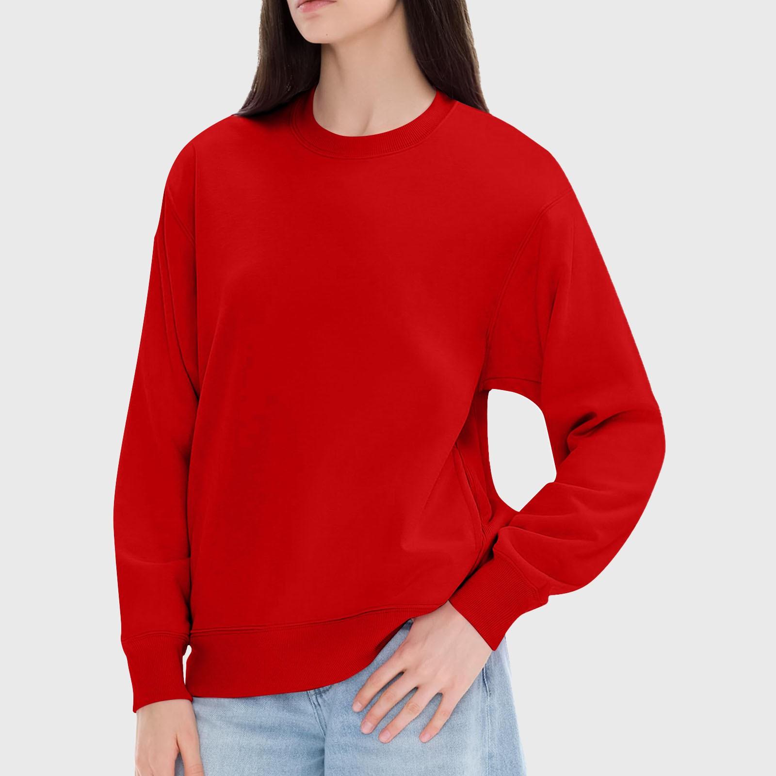 

Женские топы с круглым вырезом, хлопковая женская повседневная модная блузка с длинным рукавом и круглым вырезом с карманами, пуловер XL красный