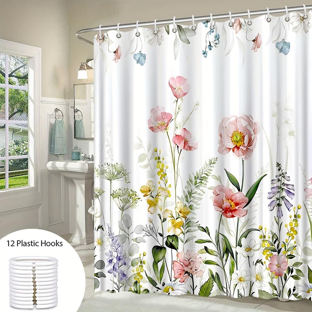 Charming Floral Bath Curtain - Delicate Flowers & Green Leaves, Waterproof Home Decor Adds Natural Beauty To Your Bathroom
