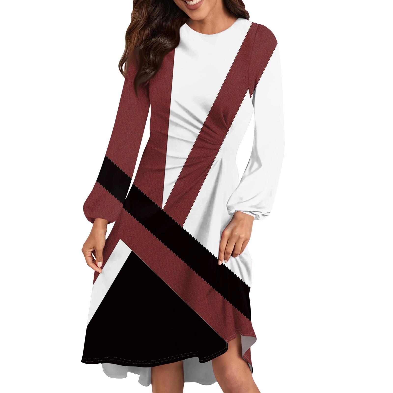 

Женское повседневное платье с круглым вырезом и длинными рукавами, свободное плиссированное платье на талии XL винный