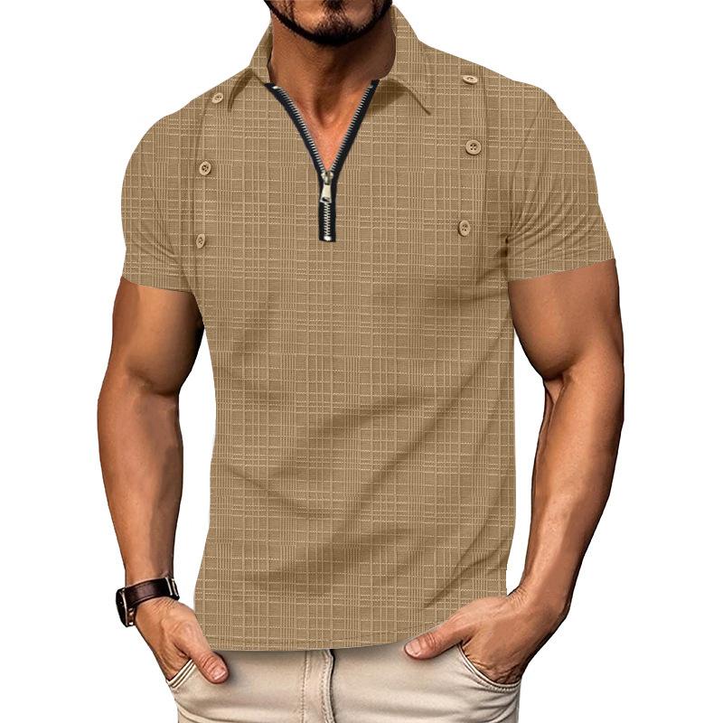 Mens Casual Short Sleeve Breathable Zip Grid Print Polo Shirt