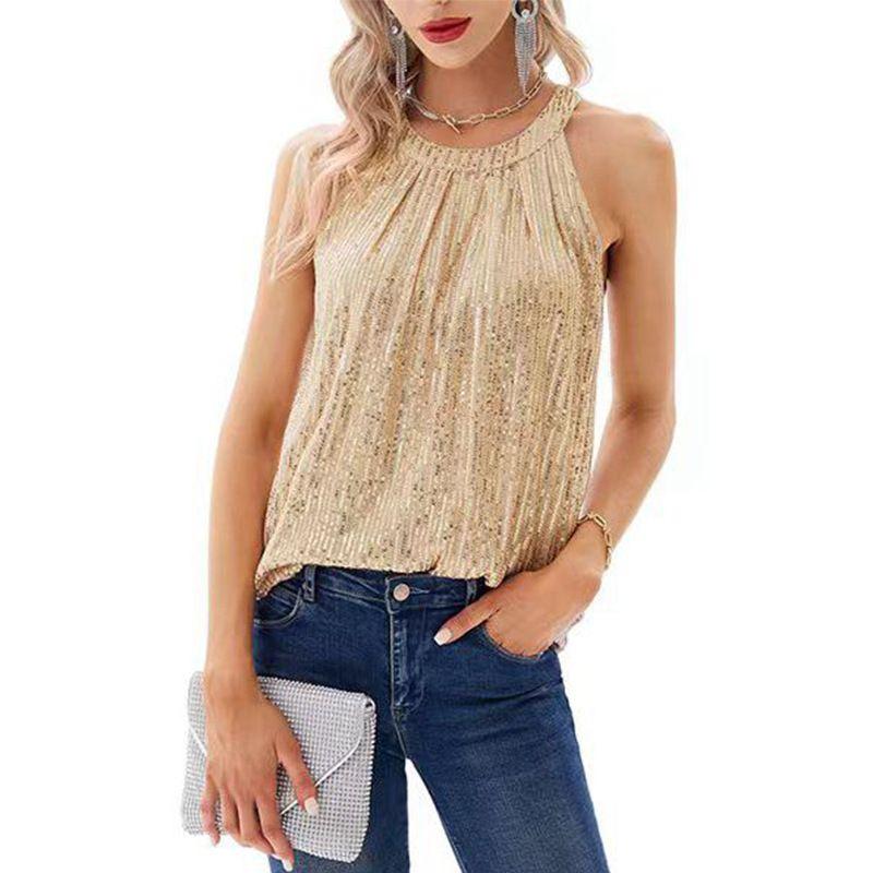 

Solid Color Neck Glitter Sleeveless Vest Pure Color Halter Sequin Champagne S