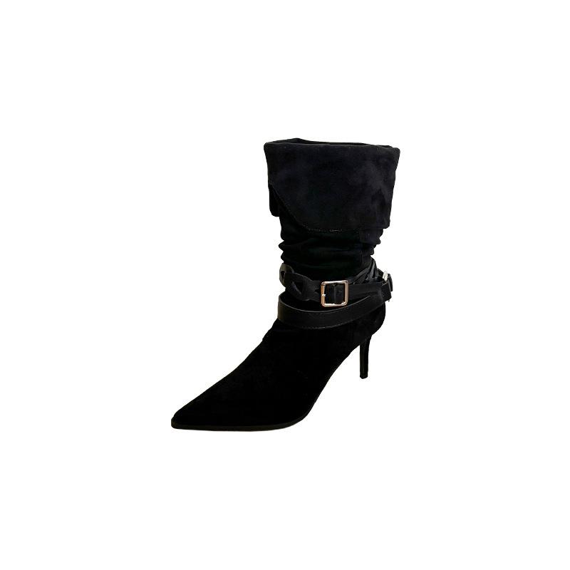 Autumn and Winter New Pointed-toed High-heeled Temperament French Suede Braided Belt Buckle Medium Boots