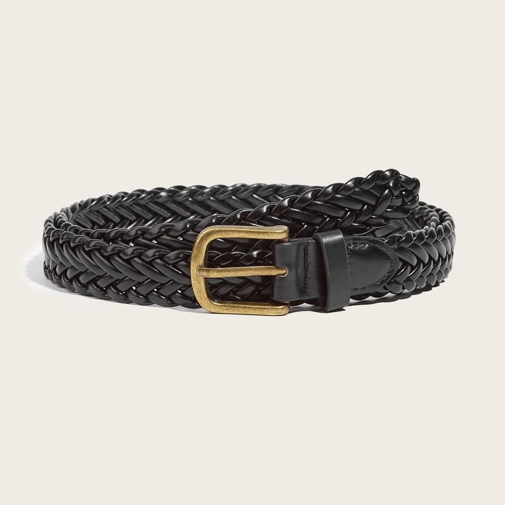 

No Ip Vintage Style Black Pu Woven Belt With Alloy Pin Buckle For Womens Casual Outfits чёрный