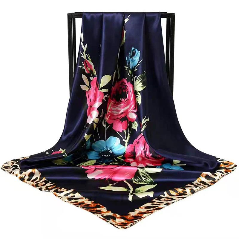 90*90Cm Leopard Pattern Flower Silk Scarf For Women Imitation Silk Floral Print Square Scarfs And Versatile Headscarf Scarf