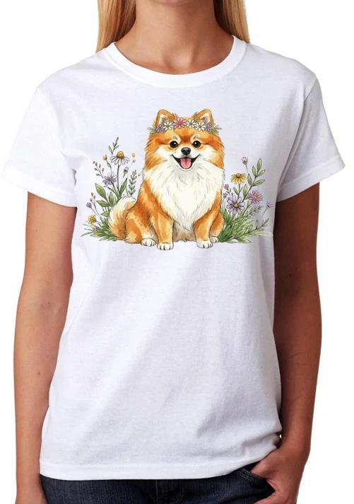 Pomeranian Floral Dog T-Shirt Cute Puppy Art Ladies Tee S