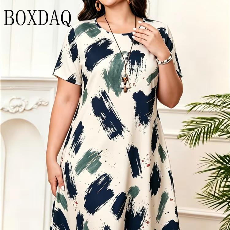 Summer Ladies 3D Printed Short Sleeve Crew Neck Dress