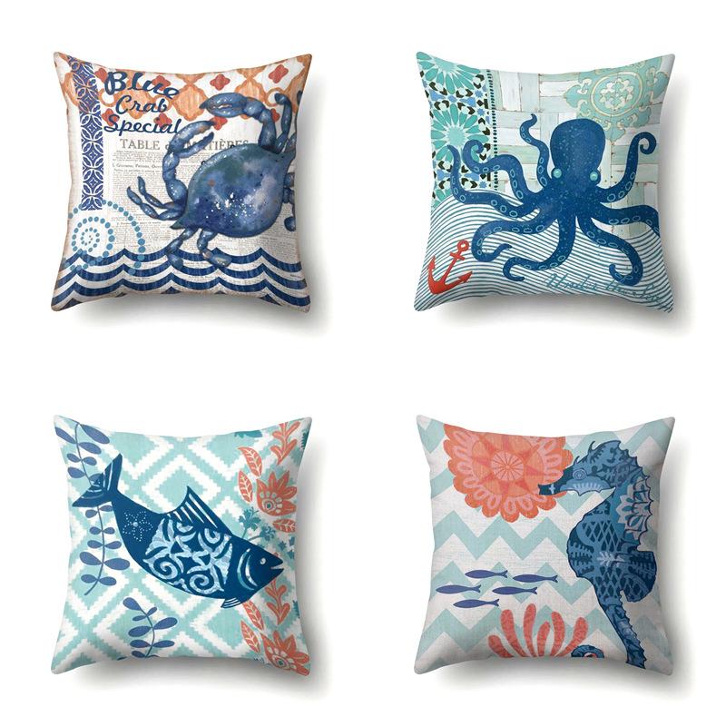Polyester Pillowcase Peach Leather Velvet Cushion Cover Marine Life Seahorse Octopus Printed Pillowcase Car Cushion