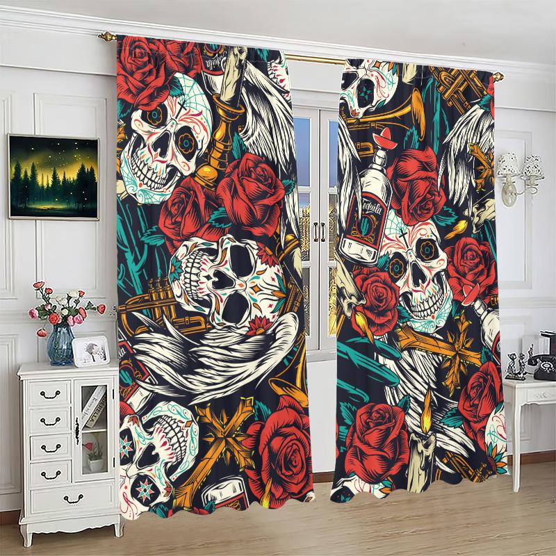Set Of 2 Skull Rose Printed Curtain Polyester Suitable Home Decor Rod Not Included Made