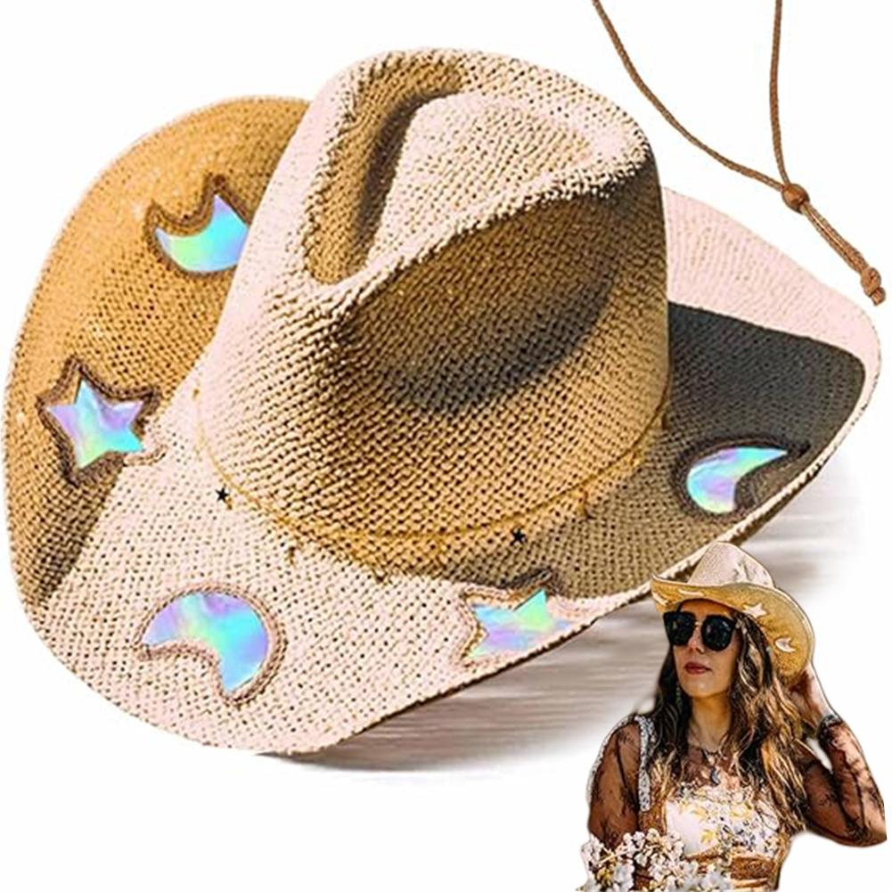 Straw Western Cowboy Hats for Women Girls Star/Moon Shapeable Cowgirl Hat Summer Outdoor Beach Sun Hat Vintage Jazz Hat