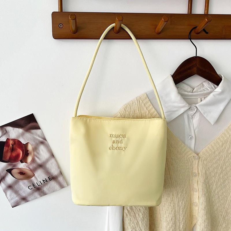 Korean Style Letter Underarm Bag Tote Bag Handbag Embroidery Shoulder Bag Pure Color Large Capacity Nylon Bucket Bag Women 1Pc