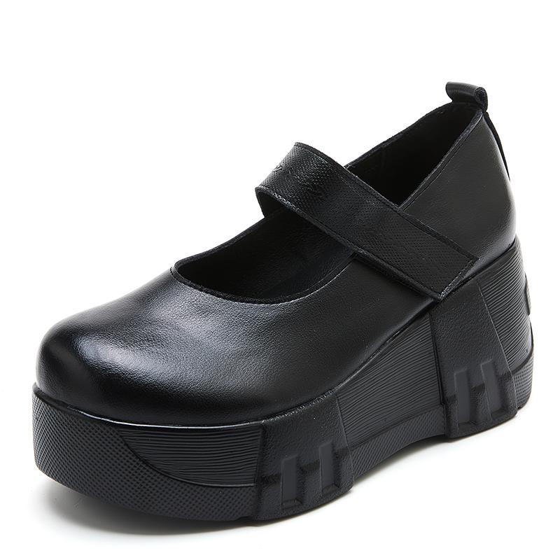 Móda GKTINOO 2024 Jaro Retro Dámské Boty z Pravé Kůže 7CM Klínky Podpatky Boty Silná Podrážka Ležérní Dámské Platformy