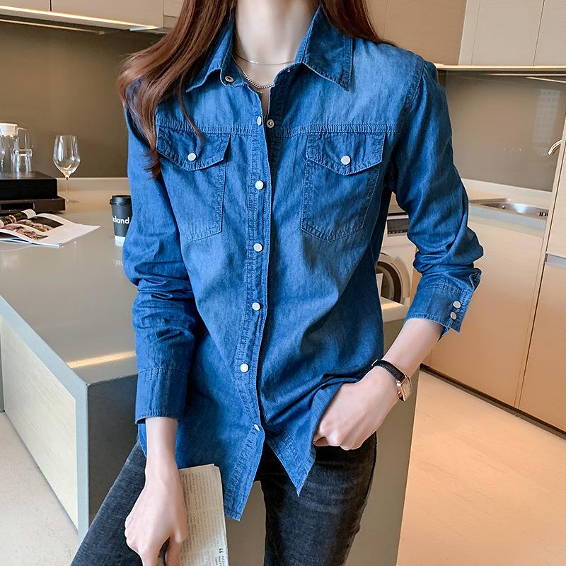 Camicia in denim da donna primaverile e autunnale. Top in denim alla moda slim a maniche lunghe con colletto POLO