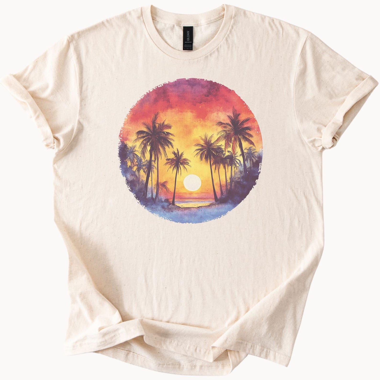 Palm Tree Sunset Graphic T Shirt Tropical Beach Sunrise Art Summer Vacation Nature Scene Soft Cotton Tee Shirt for Men and 100