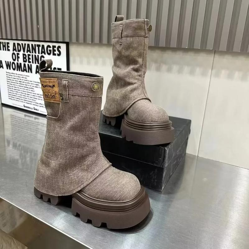 Jolin Tsai Style Casual Retro Thick Bottom Fashionable Trouser Boots Autumn New Arrival British Style Round Toe Rubber Outsole