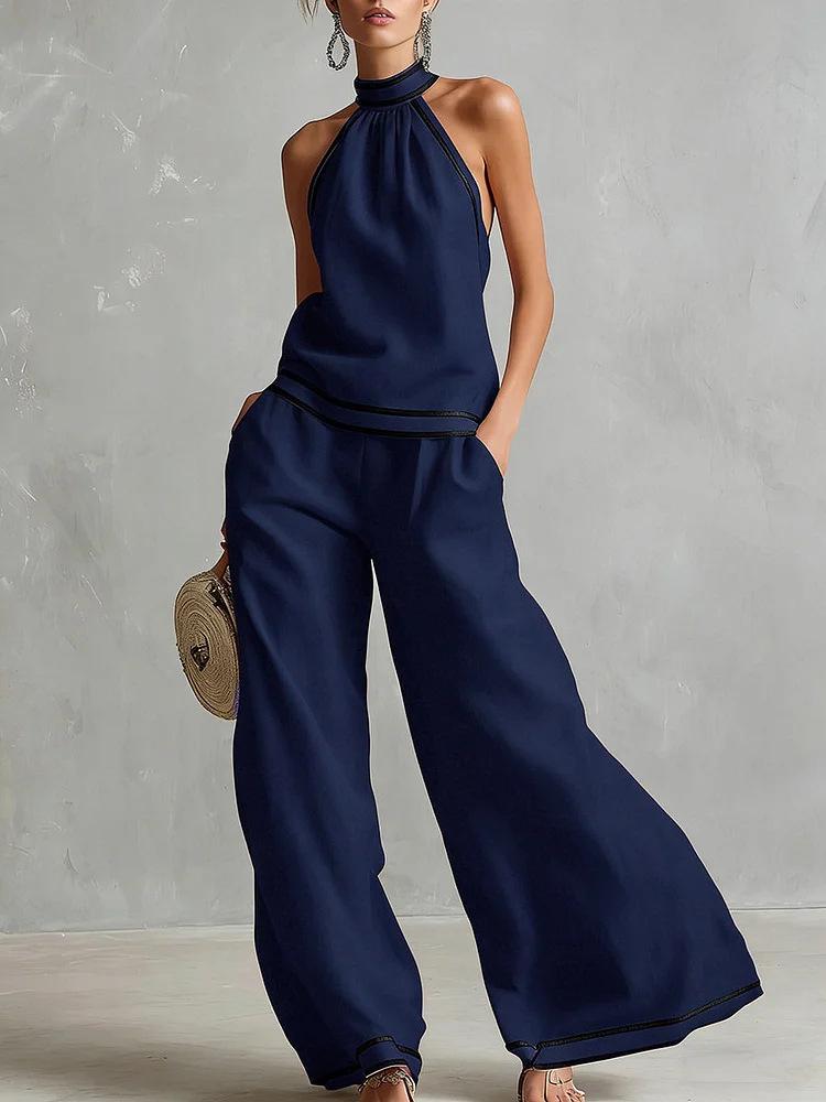 Sleeveless Wide Leg Pants Set Women Summer European Style Striped Color Block Two Piece Casual Vacation