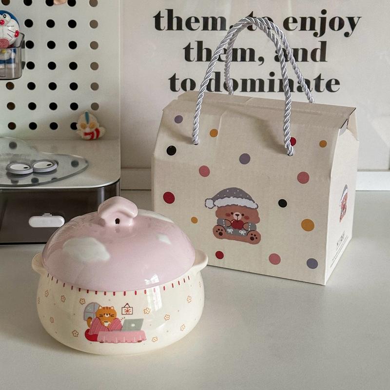 Ins Cute Ceramic Steamed Egg Bowl with Lid Crock Pot Binaural Stew Cup Soup Cup Household Steamed Egg Custard Children's Special Bowl