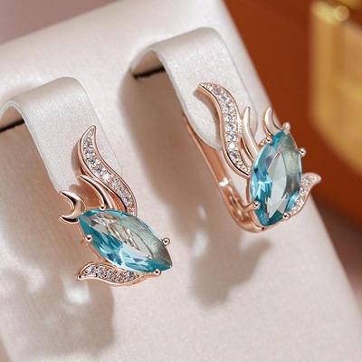 Pendientes de lujo con diseño de circonita azul para mujer, joyería a juego de Color dorado para fiesta, colgantes elegantes para las orejas