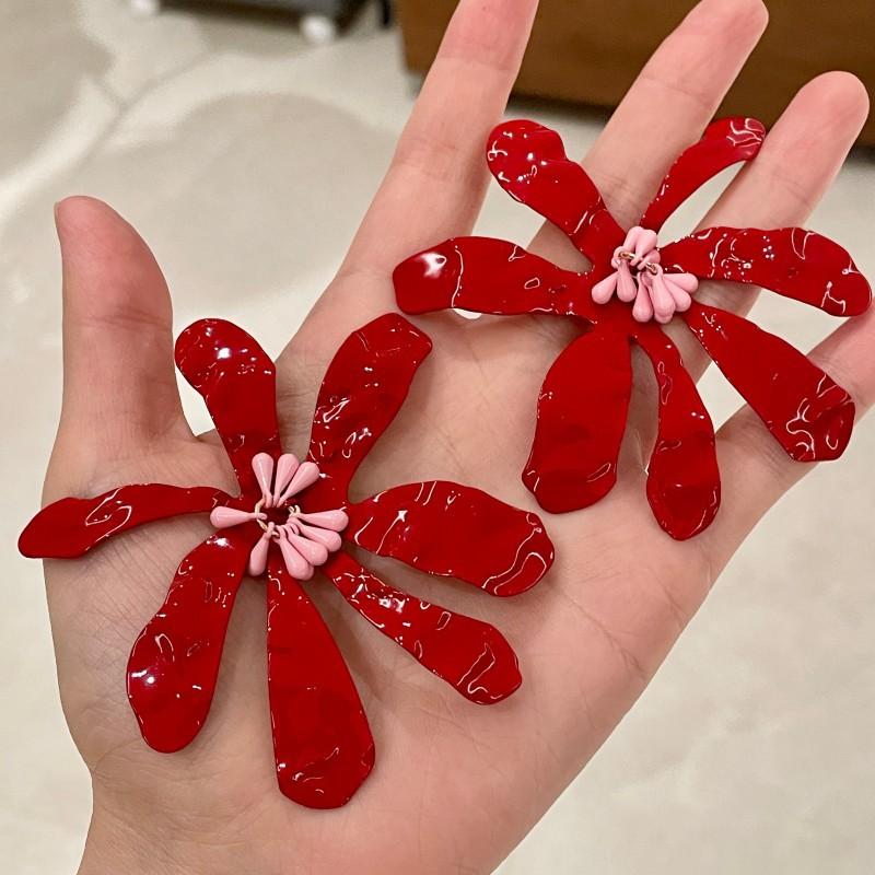 Vintage Red Enamel Large Flower Earrings for Women Europe America Personality Exaggerated Romantic Jewelry Holiday Accessory