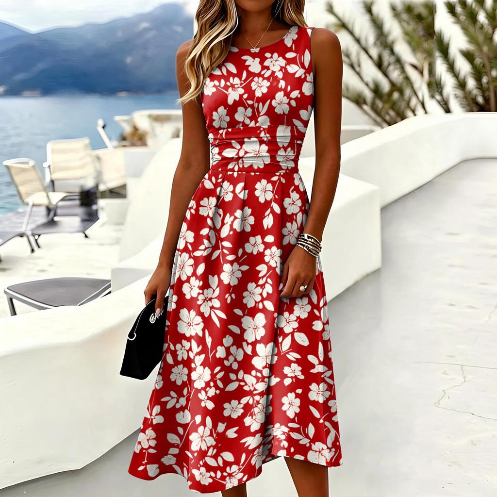 Sleeveless Casual Midi Dress for Women Floral Print Round Neck A-Line Fit and Flare Summer Dress with Waist Detail