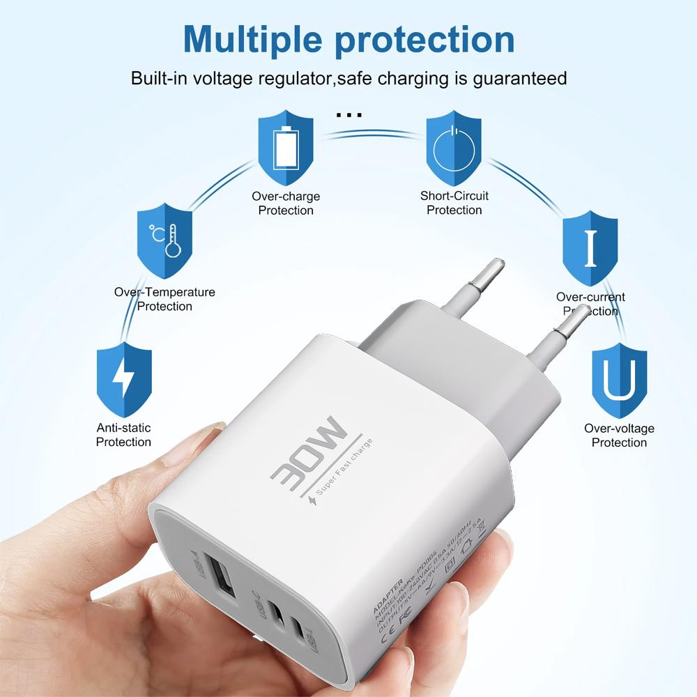 30W USB Type C Travel Charger For iPhone iPad Samsung Xiaomi Tablet Laptop Universal USB-C Fast Charging Chargers EU/US/UK Plug