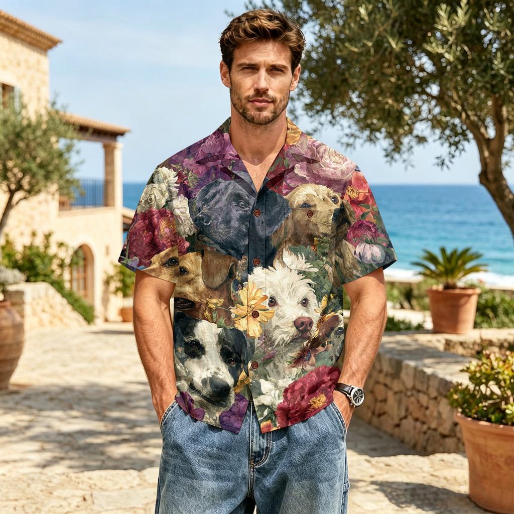 Men’s Short Sleeve Cotton Linen Shirt with Animal and Botanical Print Casual Collared Button Down Top for Spring and Summer