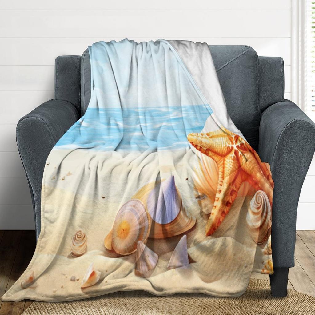 Beach Throw Blanket, Ocean Beach Theme Seashell Travel Blanket for Living Room Sofa Bed Office Soft Cozy Plush Flannel Blanket