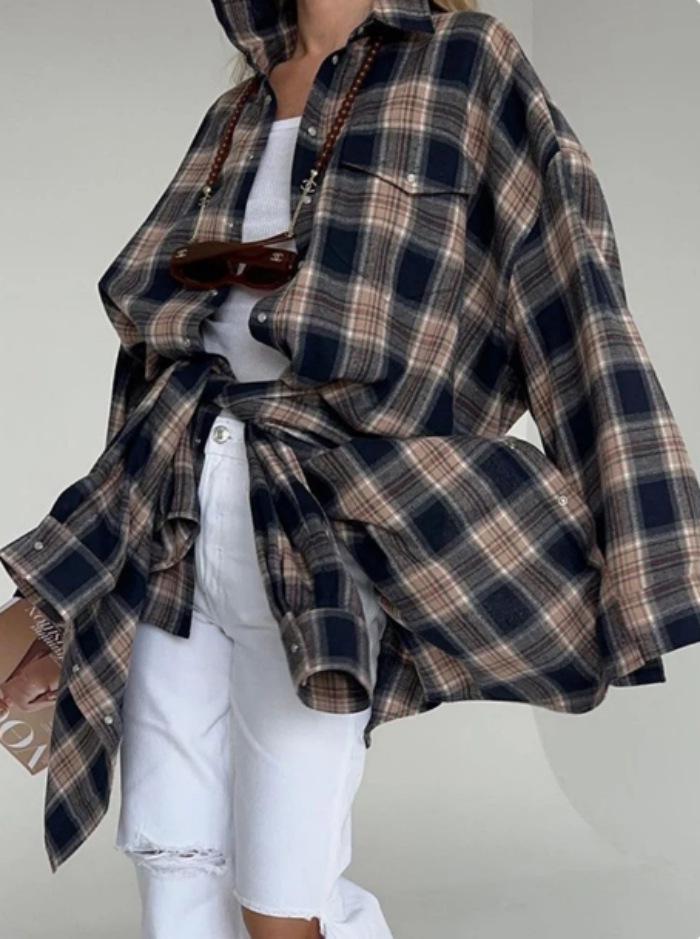 Retro Plaid Loose Lapel Long Sleeve Shirt for Women - Spring & Autumn