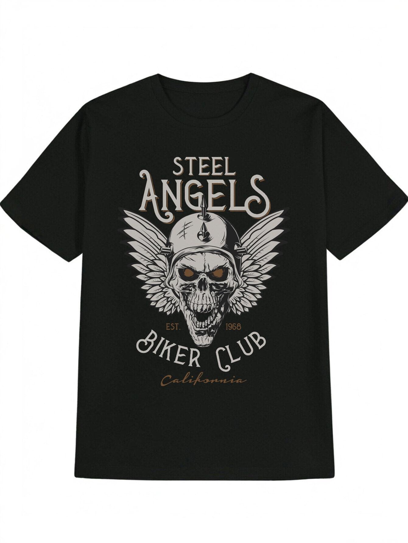 Casual Skull & Metal Helmet Graphic T-shirt - Steel Angels Biker Club Design XXXL