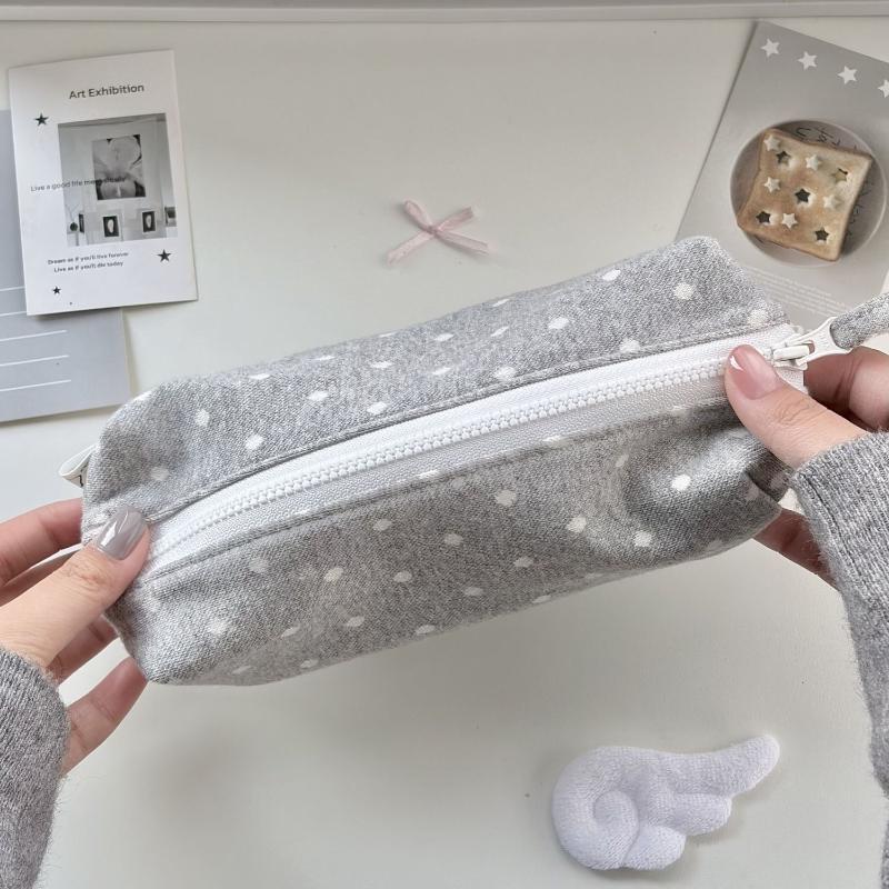 Portable Soft Grey Polka Dot Canvas Pencil Case Large Capacity Smooth Zipper For Students School Office Daily Stationery Storage