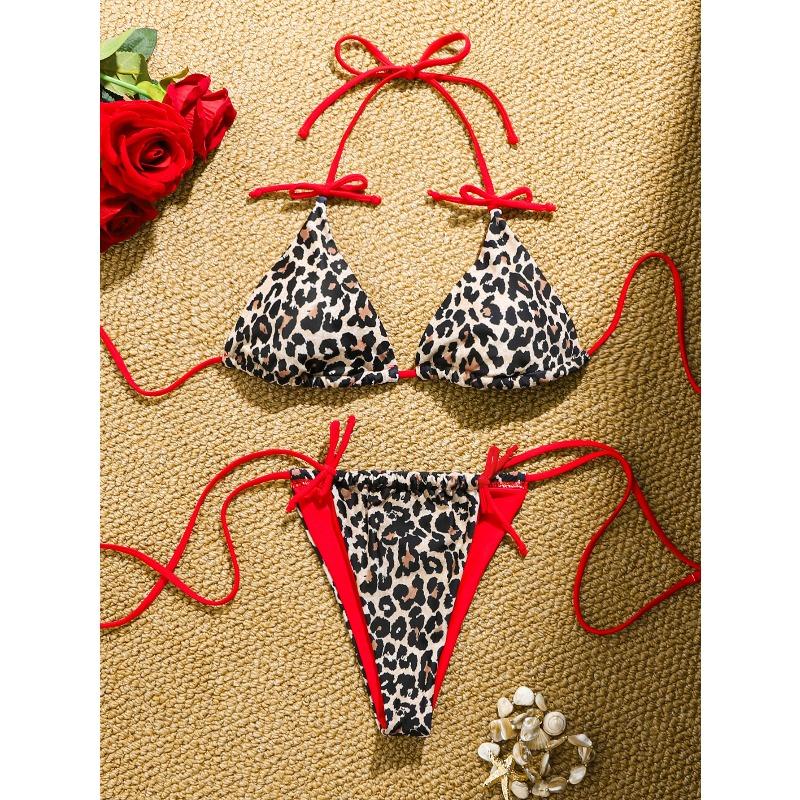 Women's Sexy Slim Fit Bikini Set, Tropical Print Halter Lace-up Triangle Swimsuit