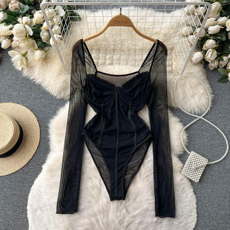 

Pure Desire Wind Stitching Tube Top High Fork Jumpsuits Mesh Black XS