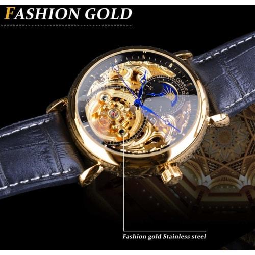 FORTINING Men's Automatic Analog Watch, Fashion Skeleton Tourbillon, Waterproof Moon Phase Leather Mechanical Watch (Black)